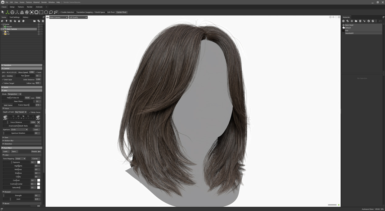 Rendered view of real-time polygonal female hair mesh with middle parting in Marmoset Toolbag. This detailed hair model is optimized for HD and SD 3D head scans, providing realistic texture and adaptability for digital modeling and rendering projects.